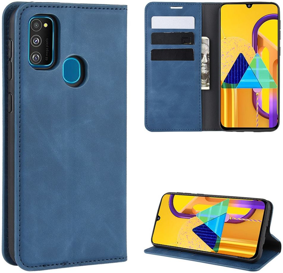 Samsung Galaxy M21 Hoesje Zijdezacht Kunstleer Portemonnee Blauw afbeelding 3