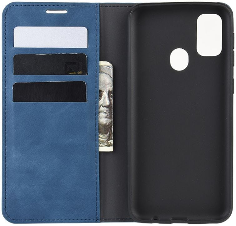 Samsung Galaxy M21 Hoesje Zijdezacht Kunstleer Portemonnee Blauw afbeelding 7