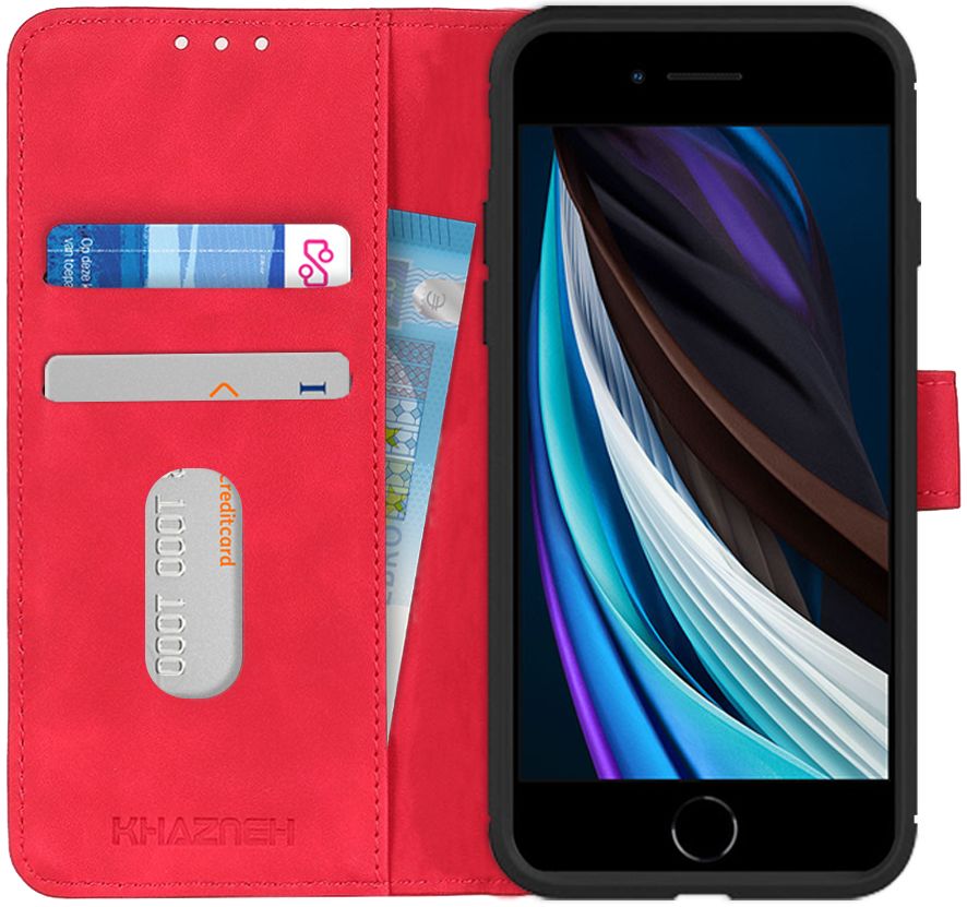 KHAZNEH iPhone 7/8/SE 2020/2022 Hoesje Retro Wallet Book Case Rood afbeelding 1