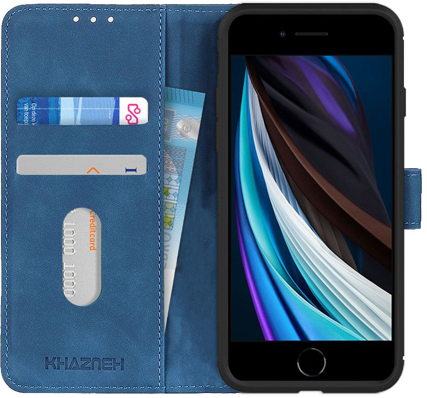 KHAZNEH iPhone 7/8/SE 2020/2022 Hoesje Retro Wallet Book Case Blauw afbeelding 1