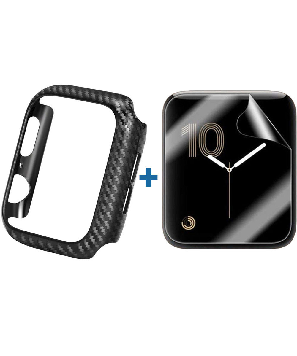 Apple Watch 44MM Hoesje Carbon TPU Bumper met Screenprotector Zwart afbeelding 1