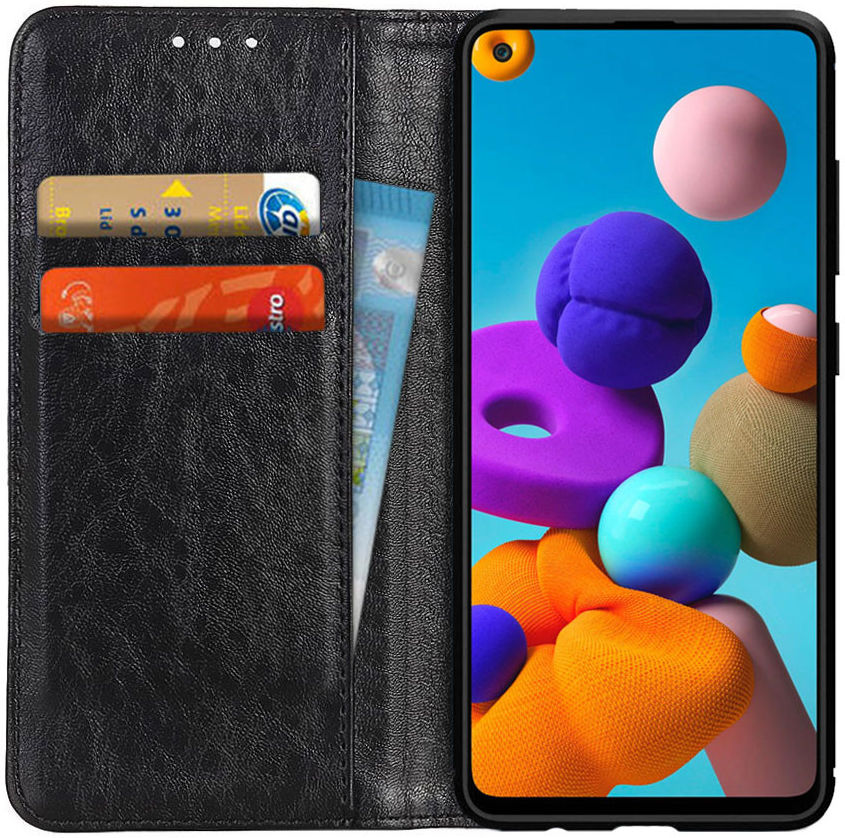 Samsung Galaxy A21s Crazy Horse Leather Wallet Case Zwart afbeelding 1