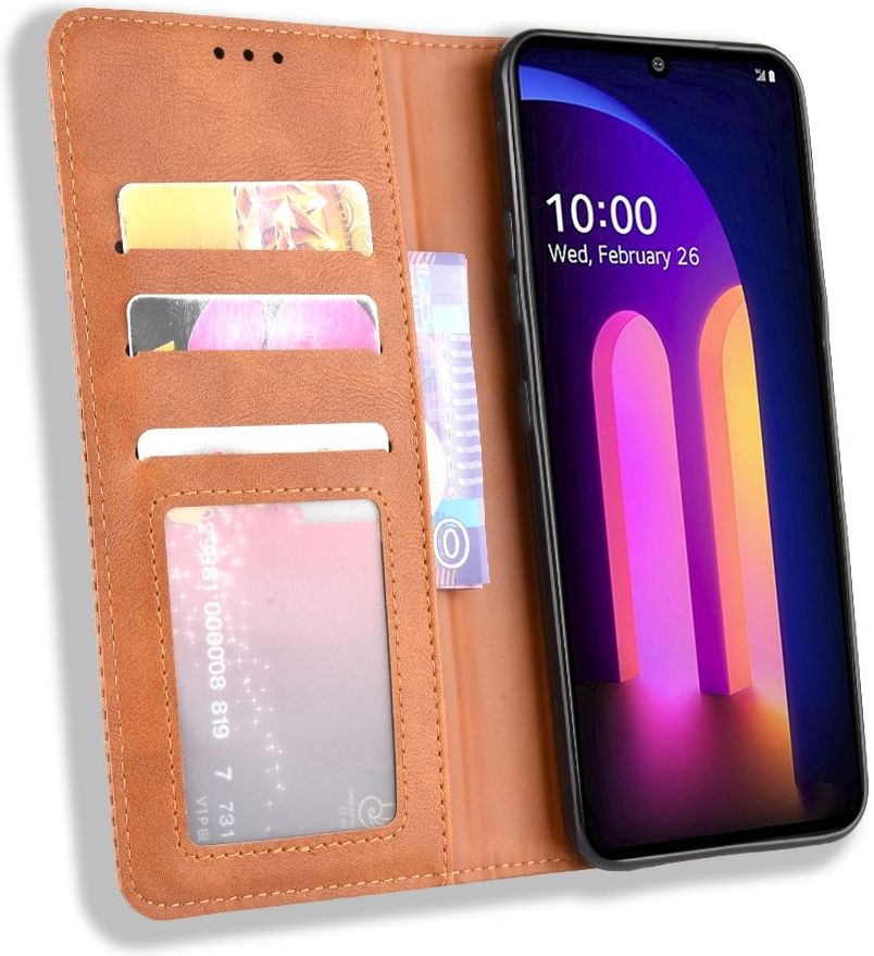 LG V60 Retro Stijl Kunstleren Portemonnee Hoesje Bruin afbeelding 1