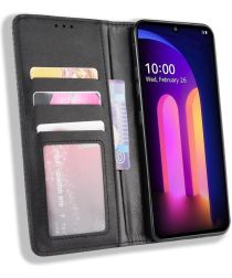 LG V60 Retro Stijl Kunstleren Portemonnee Hoesje Zwart