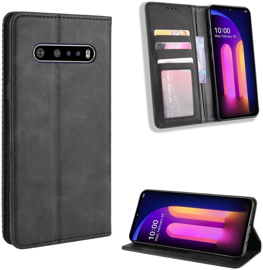 LG V60 Retro Stijl Kunstleren Portemonnee Hoesje Zwart afbeelding 9