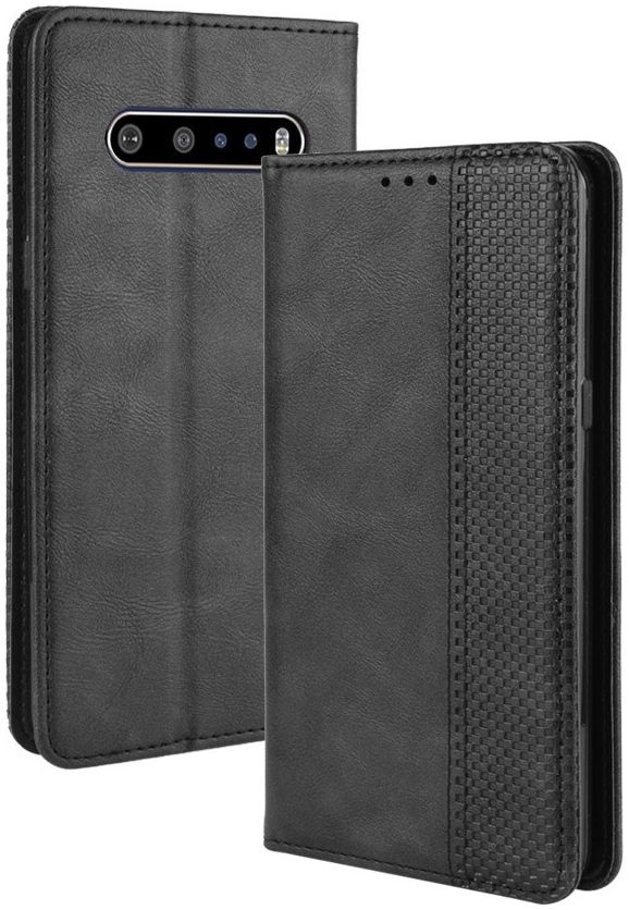 LG V60 Retro Stijl Kunstleren Portemonnee Hoesje Zwart afbeelding 2