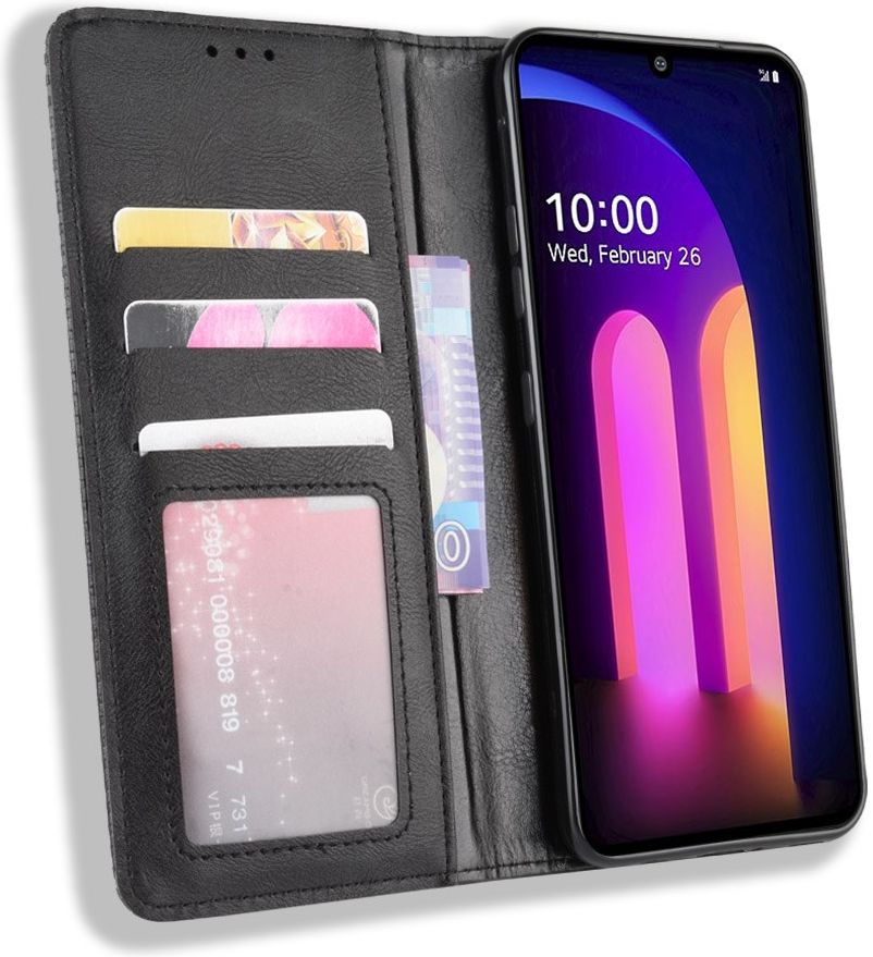 LG V60 Retro Stijl Kunstleren Portemonnee Hoesje Zwart afbeelding 1