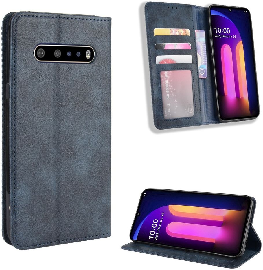 LG V60 Retro Stijl Kunstleren Portemonnee Hoesje Blauw afbeelding 9