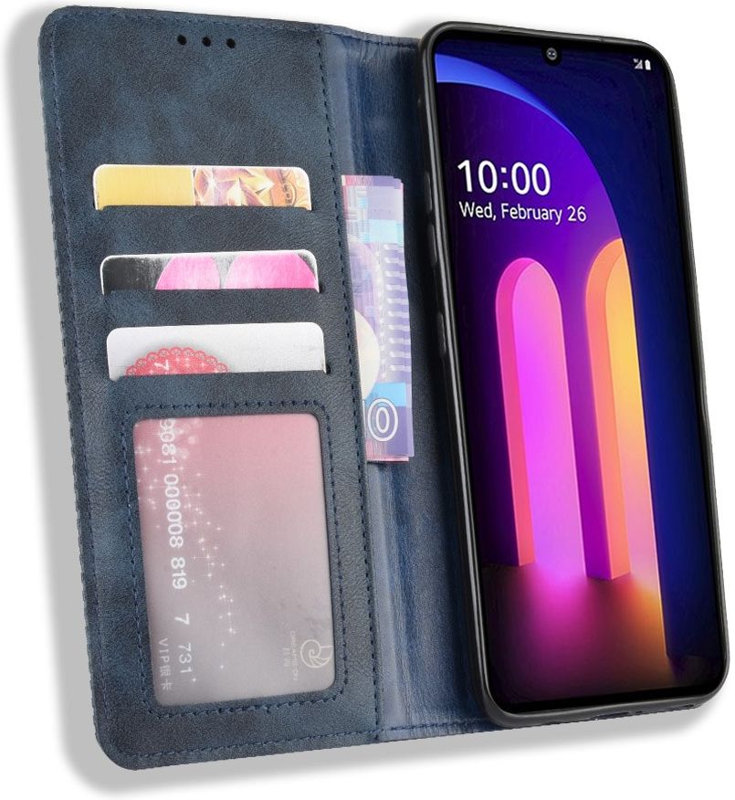 LG V60 Retro Stijl Kunstleren Portemonnee Hoesje Blauw afbeelding 1