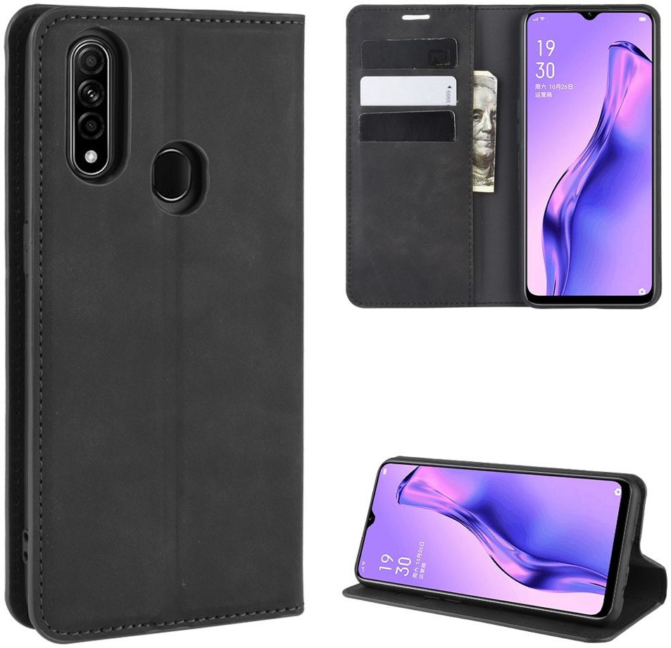 Oppo A8 / A31 Hoesje Zijdezacht Kunstleer Portemonnee Zwart afbeelding 1