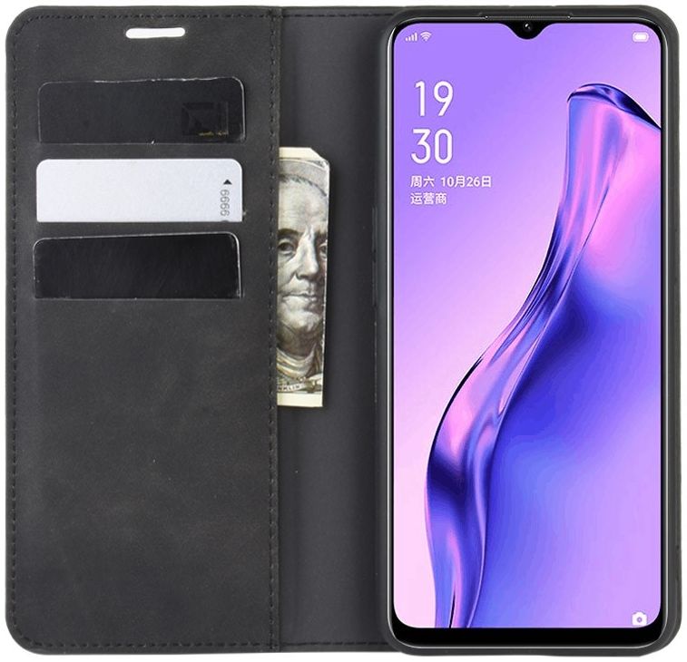 Oppo A8 / A31 Hoesje Zijdezacht Kunstleer Portemonnee Zwart afbeelding 7