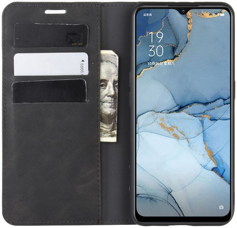 Oppo Reno 3 Hoesje Zijdezacht Kunstleer Portemonnee Zwart afbeelding 2