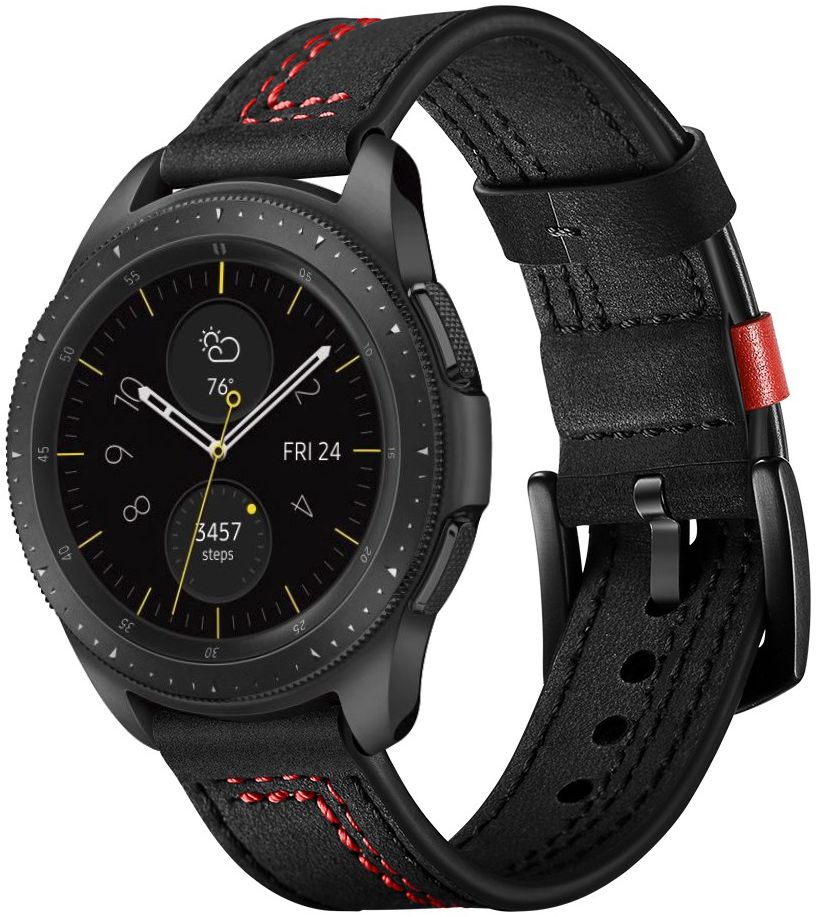 Universeel Smartwatch 22MM Bandje - Echt Leer - met Dubbele Stiksels - Zwart afbeelding 1