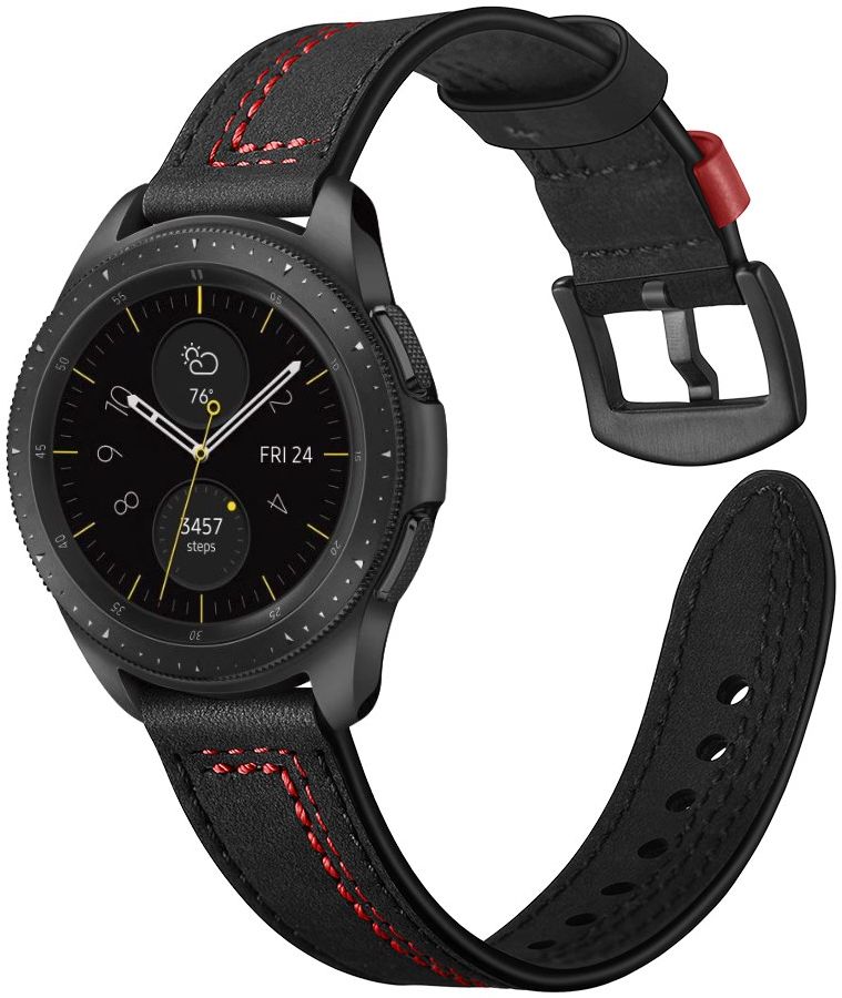 Universeel Smartwatch 22MM Bandje - Echt Leer - met Dubbele Stiksels - Zwart afbeelding 2