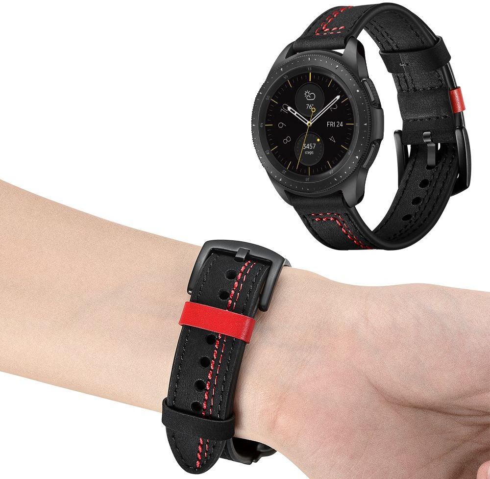 Universeel Smartwatch 22MM Bandje - Echt Leer - met Dubbele Stiksels - Zwart afbeelding 4