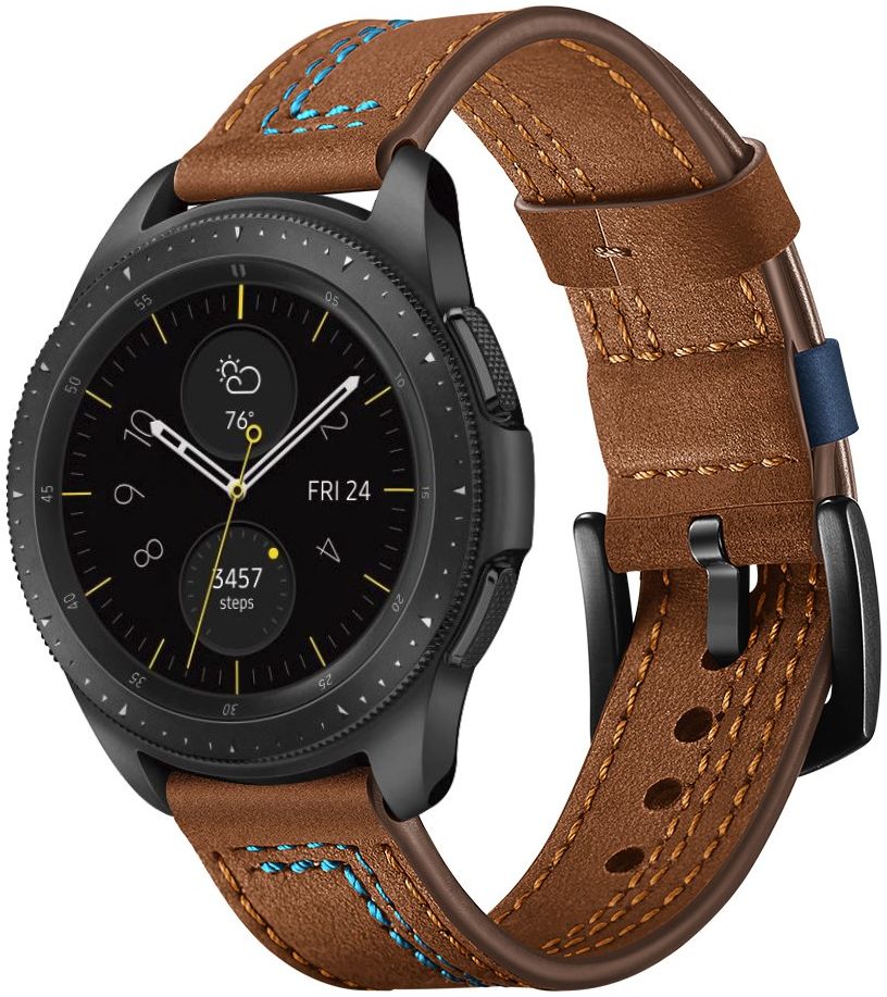 Universeel Smartwatch 22MM Bandje Echt Leer met Dubbele Stiksels Bruin afbeelding 1