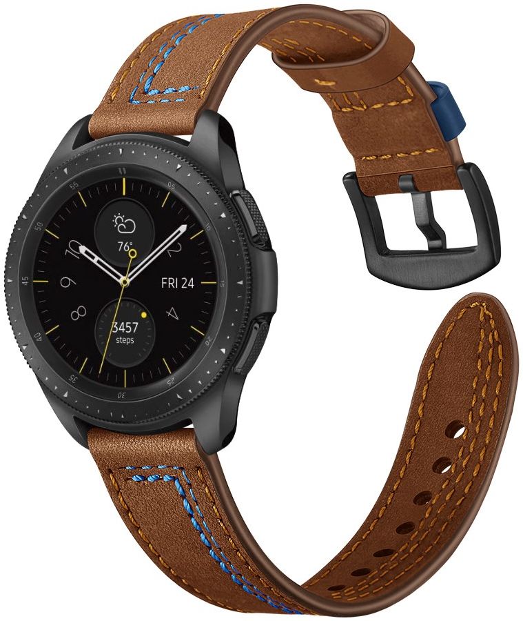 Universeel Smartwatch 22MM Bandje Echt Leer met Dubbele Stiksels Bruin afbeelding 2
