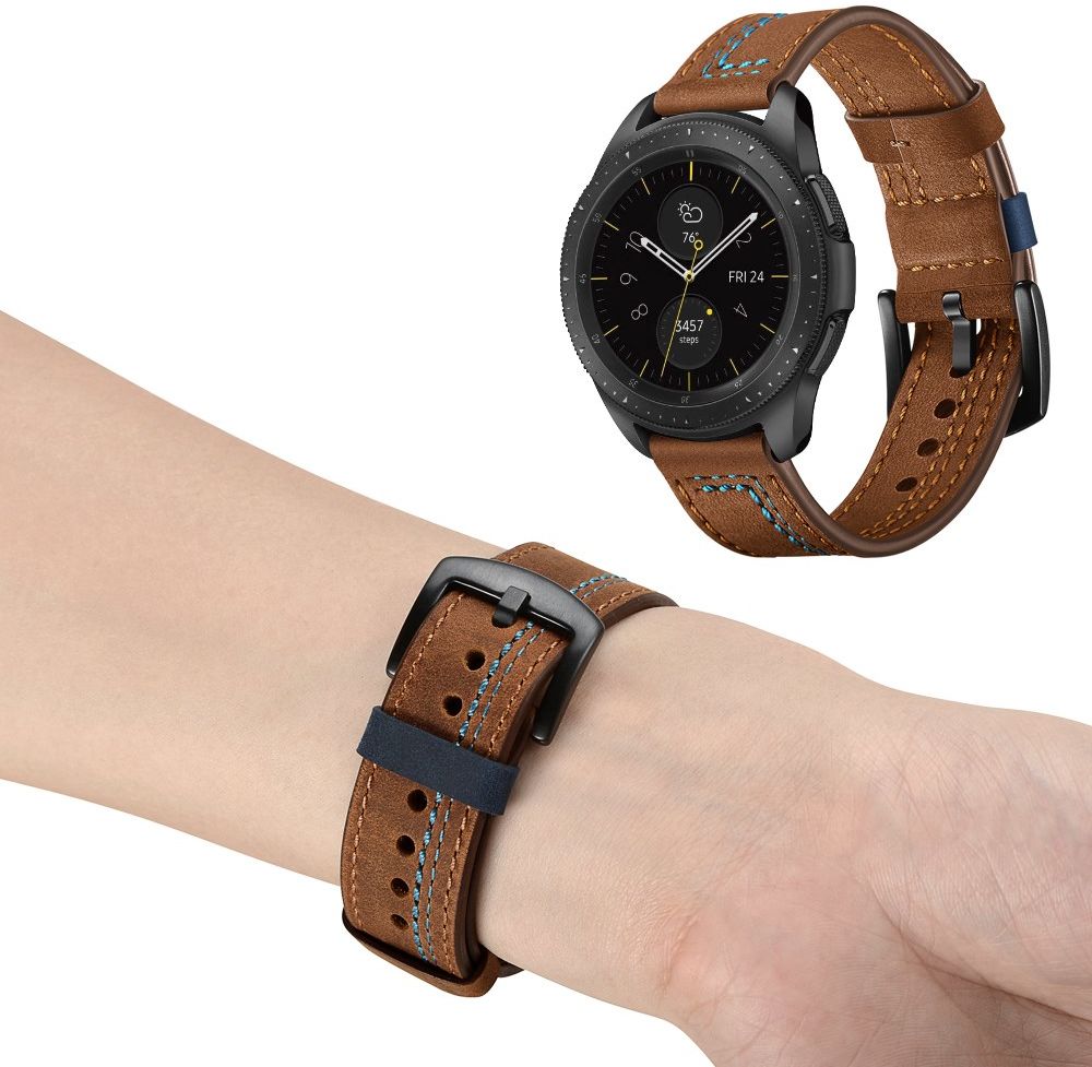 Universeel Smartwatch 22MM Bandje Echt Leer met Dubbele Stiksels Bruin afbeelding 4