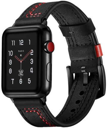 Apple Watch 45MM / 44MM / 42MM Bandje Echt Leer met Dubbele Stiksels Zwart Bandjes