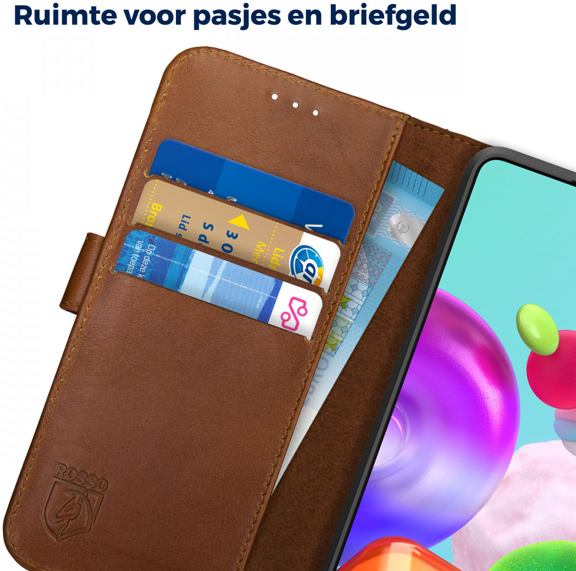 Rosso Deluxe Samsung Galaxy A41 Hoesje Echt Leer Book Case Bruin afbeelding 6