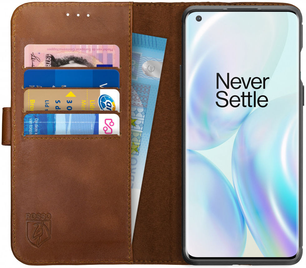 Rosso Deluxe OnePlus 8 Pro Hoesje Echt Leer Book Case Bruin afbeelding 1