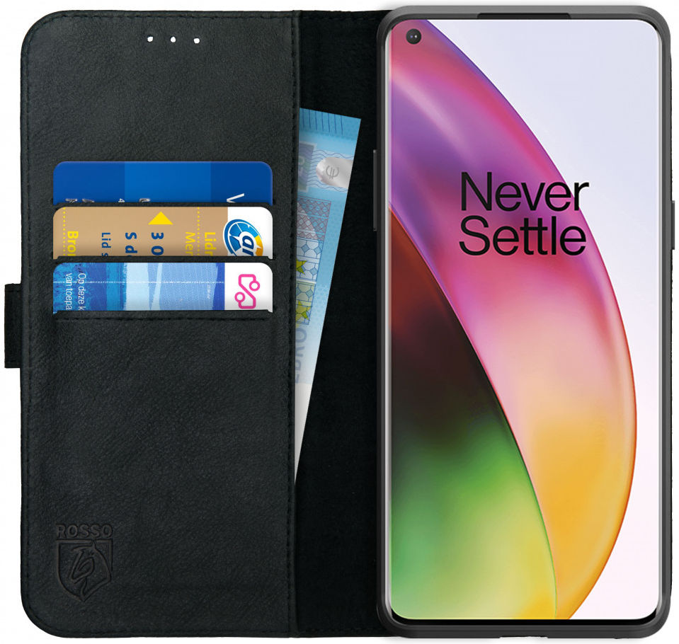 Rosso Deluxe OnePlus 8 Hoesje Echt Leer Book Case Zwart afbeelding 1