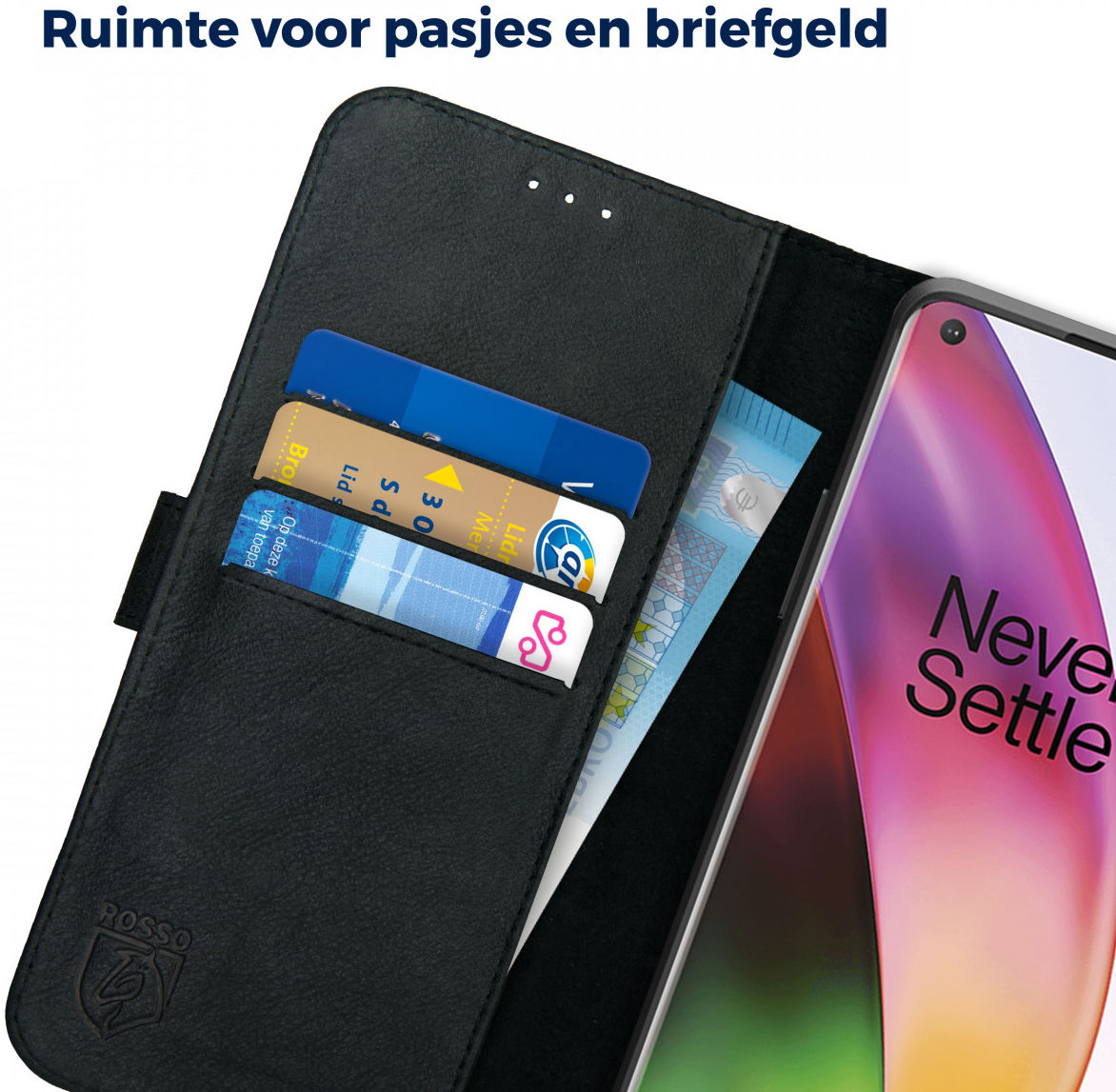 Rosso Deluxe OnePlus 8 Hoesje Echt Leer Book Case Zwart afbeelding 6
