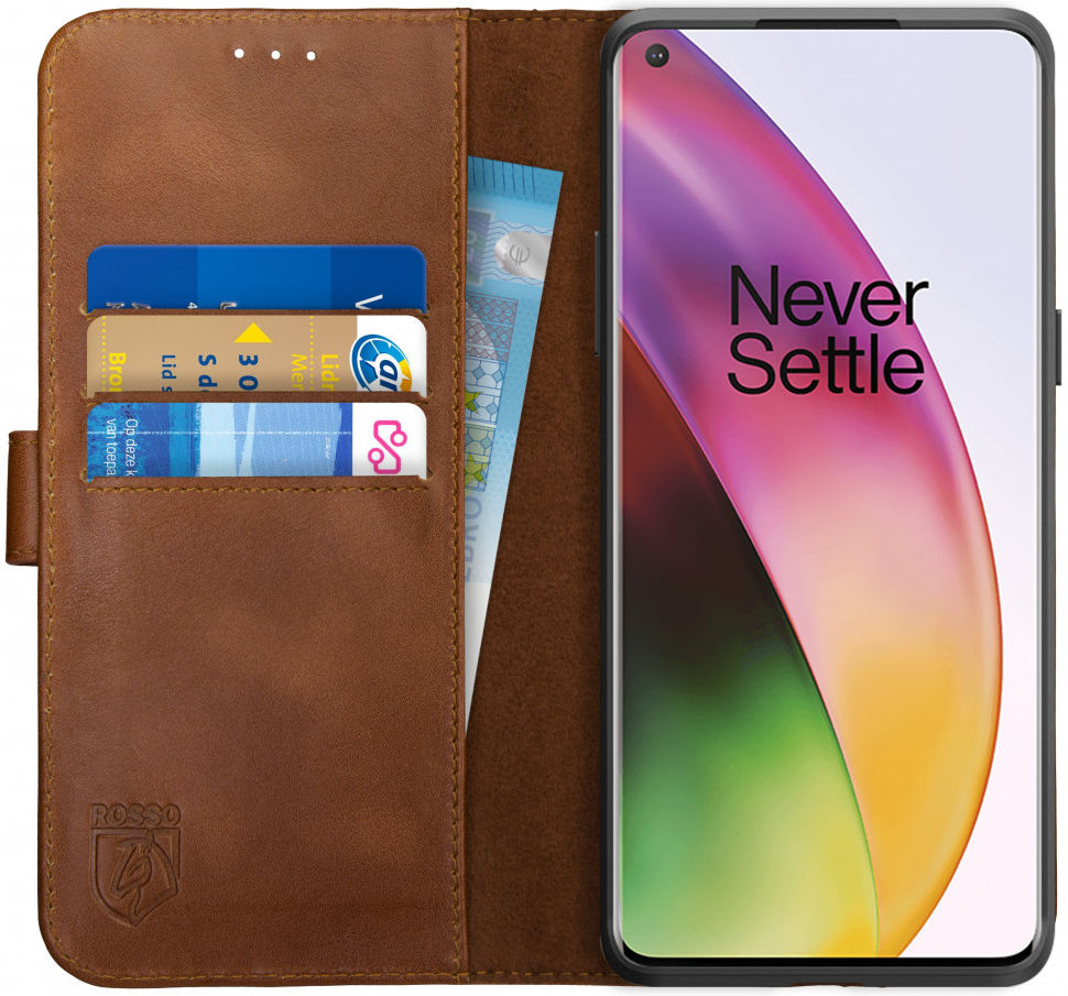 Rosso Deluxe OnePlus 8 Hoesje Echt Leer Book Case Bruin afbeelding 1