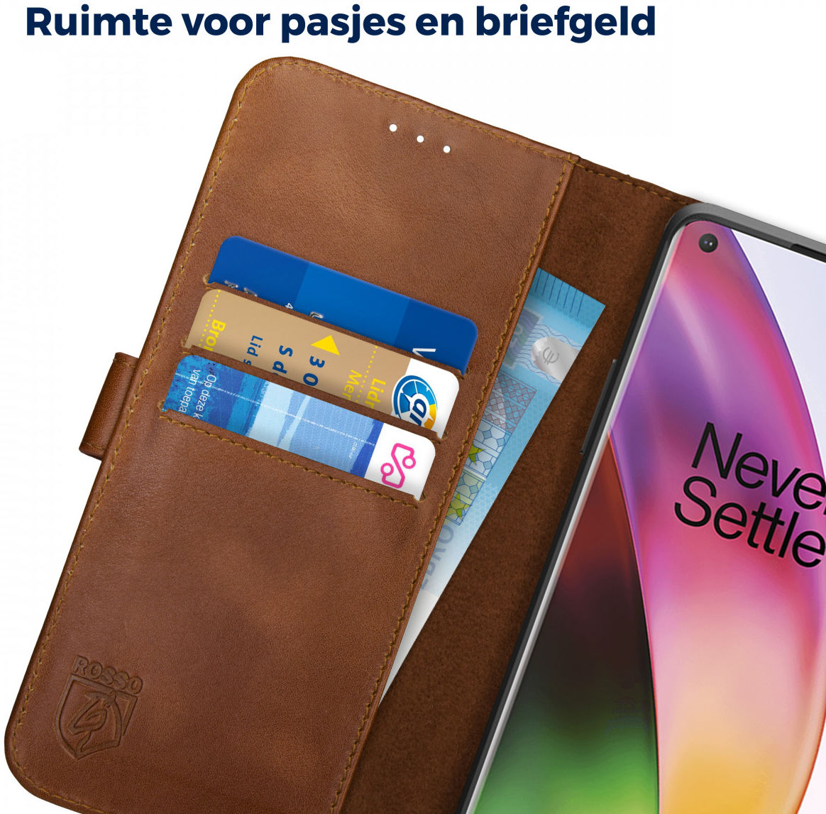 Rosso Deluxe OnePlus 8 Hoesje Echt Leer Book Case Bruin afbeelding 6