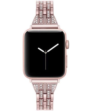Apple Watch 45MM / 44MM / 42MM Bandje RVS Schakelband met Diamantjes Roze Bandjes