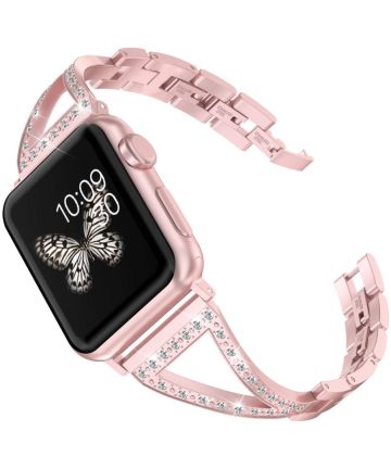Apple Watch 45MM / 44MM / 42MM Bandje RVS Armband met Diamant Design Roze Bandjes