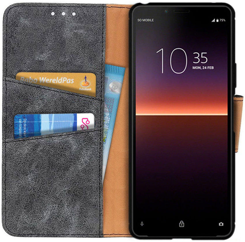 Sony Xperia 10 II Hoesje Vintage Portemonnee Grijs afbeelding 1