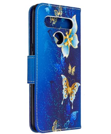 LG K61 Hoesje Portemonnee Print Hoesje Donker Blauw Met Gouden Vlinder Hoesjes