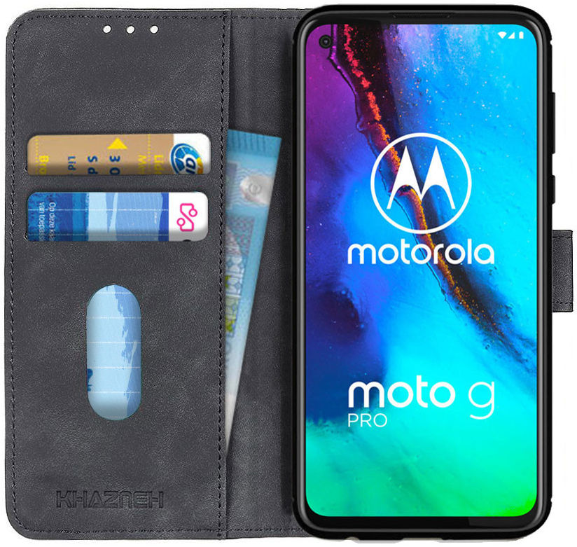KHAZNEH Motorola Moto G Pro Hoesje Retro Wallet Book Case Zwart afbeelding 1