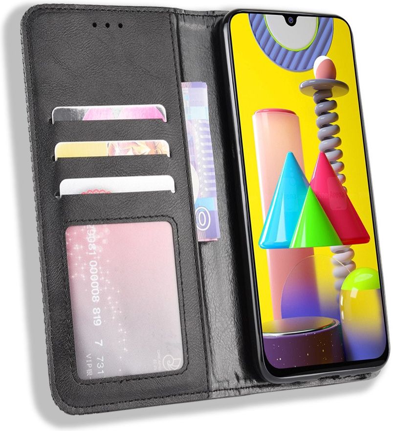 Samsung Galaxy M31 Retro Stijl Kunstleren Portemonnee Hoesje Zwart afbeelding 1