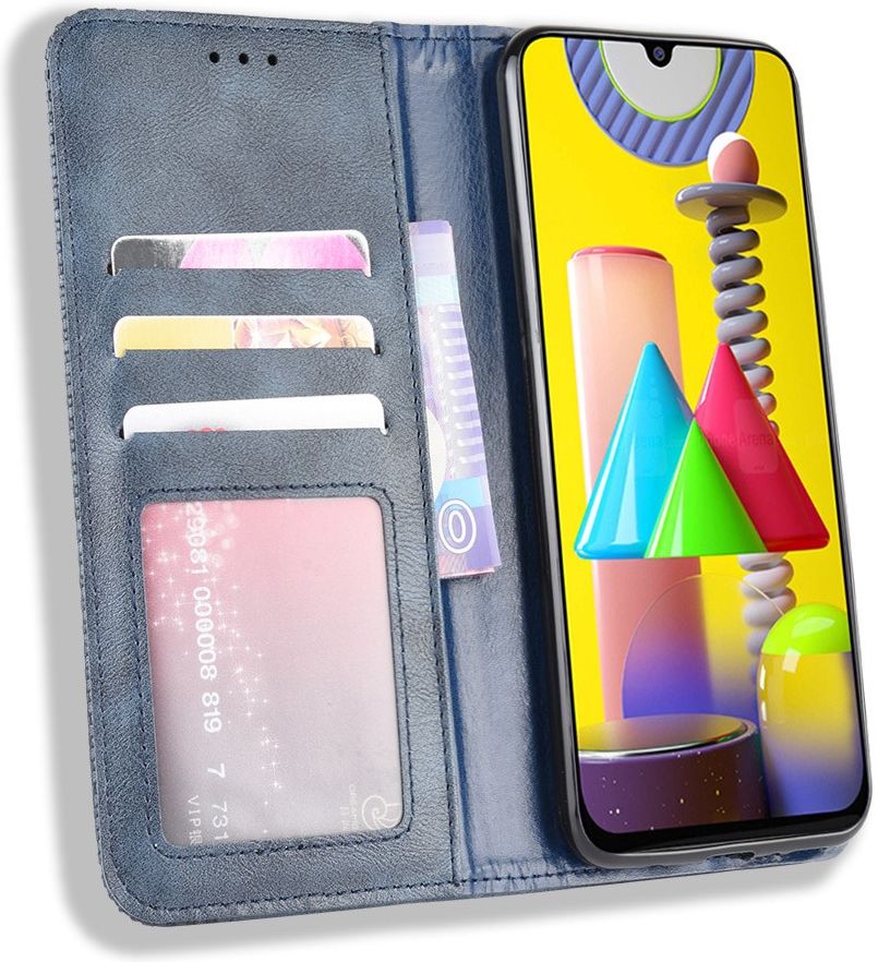 Samsung Galaxy M31 Retro Stijl Kunstleren Portemonnee Hoesje Blauw afbeelding 1