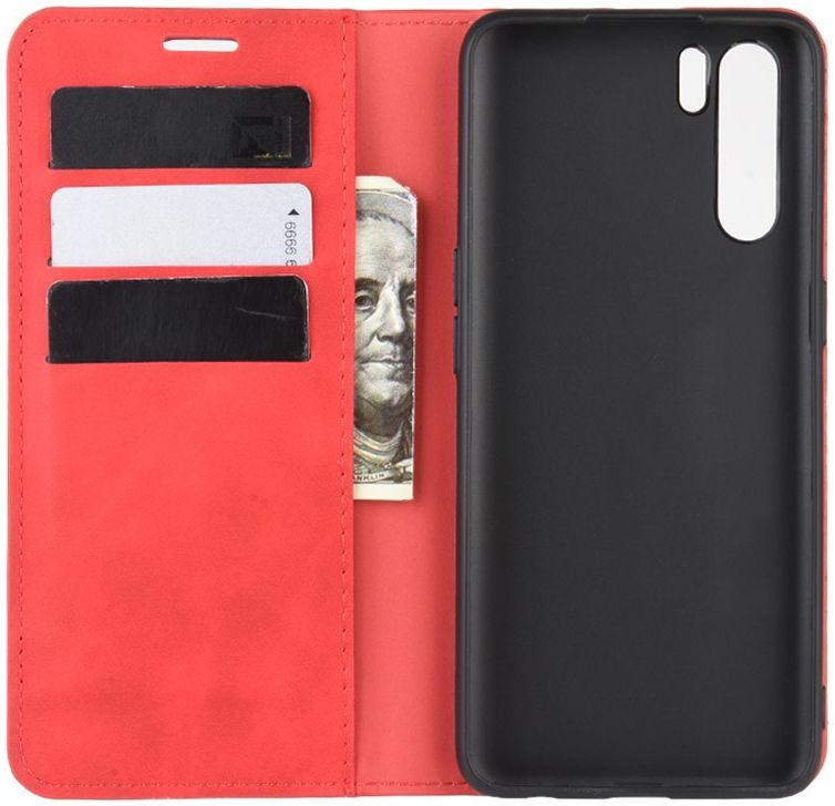 Oppo A91 Hoesje Zijdezacht Kunstleer Portemonnee Rood afbeelding 4