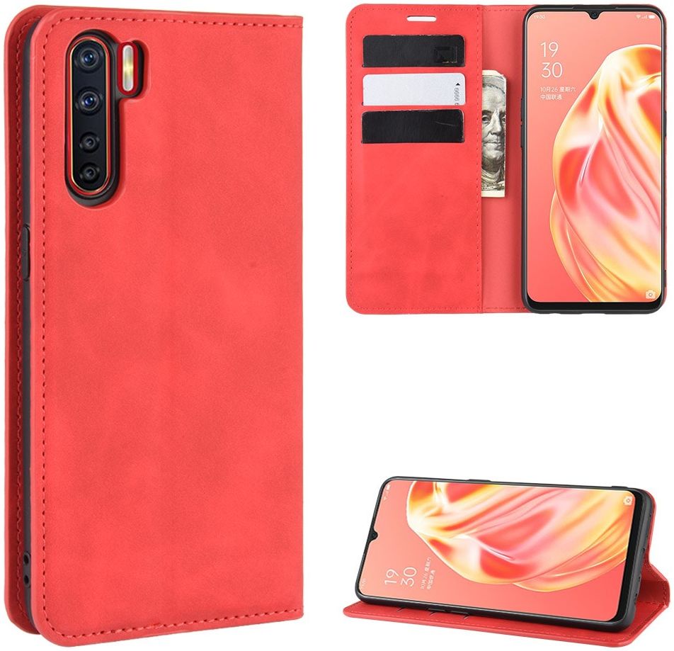 Oppo A91 Hoesje Zijdezacht Kunstleer Portemonnee Rood afbeelding 7