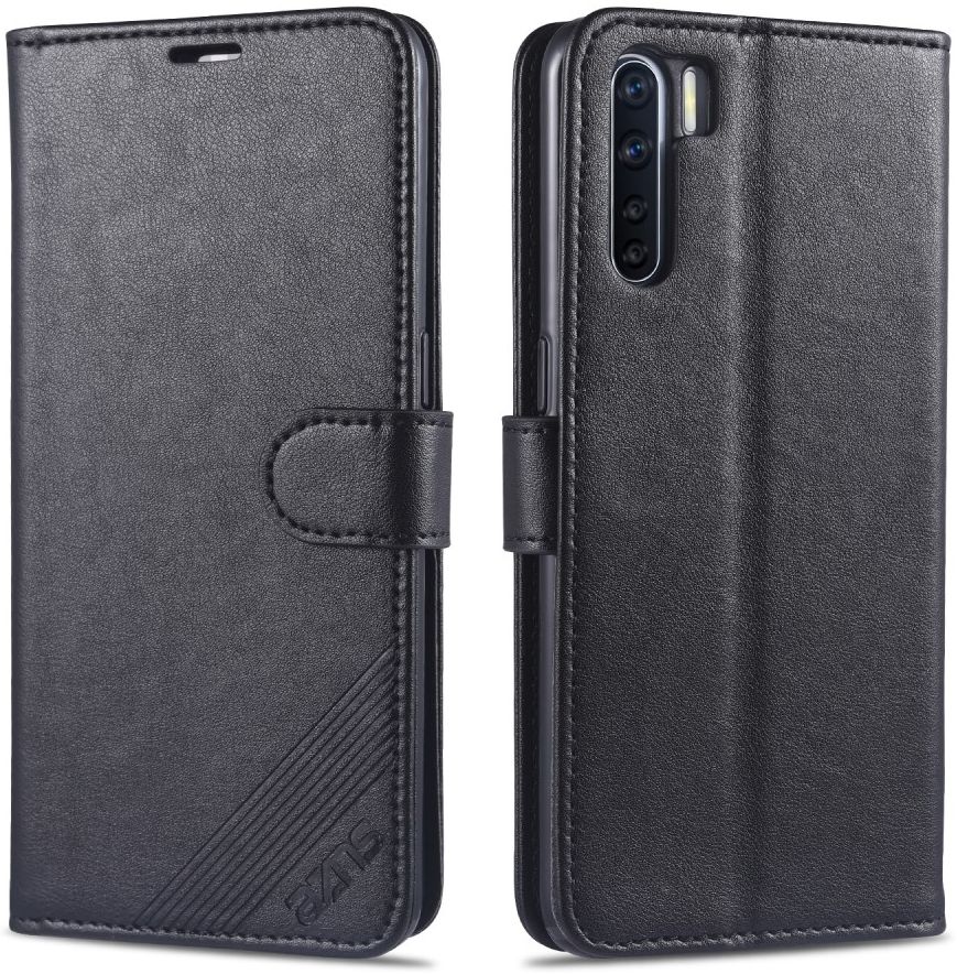 AZNS Oppo A91 Hoesje Wallet Book Case Kunst Leer Zwart afbeelding 2