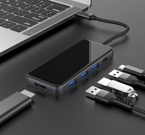 Hoco Easy Universele 5-in-1 USB-C Adapter / 3x USB / HDMI Zwart afbeelding 4