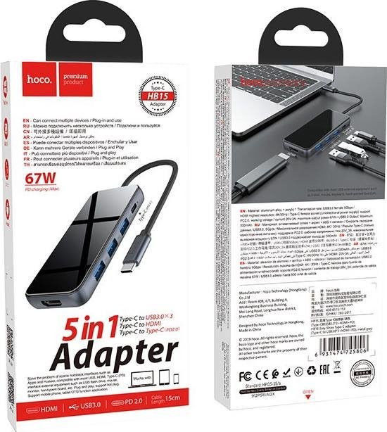 Hoco Easy Universele 5-in-1 USB-C Adapter / 3x USB / HDMI Zwart afbeelding 5