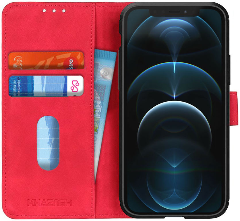 KHAZNEH Apple iPhone 12 Pro Max Hoesje Retro Wallet Book Case Rood afbeelding 1