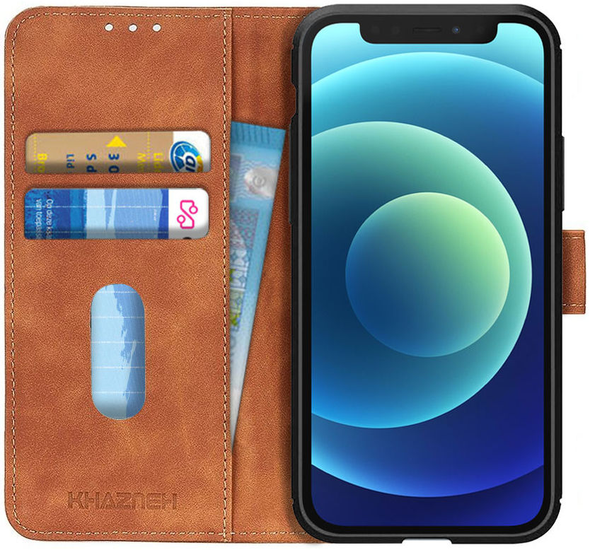 Apple iPhone 12 Mini Hoesje Retro Wallet Book Case Bruin afbeelding 1
