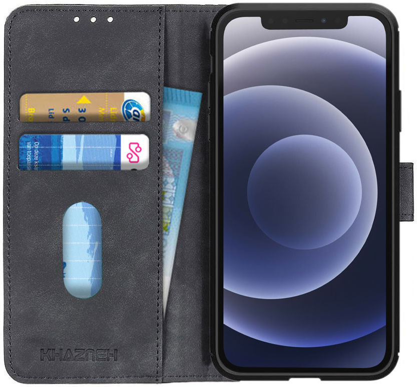 KHAZNEH Apple iPhone 12 / 12 Pro Hoesje Retro Wallet Book Case Zwart afbeelding 1