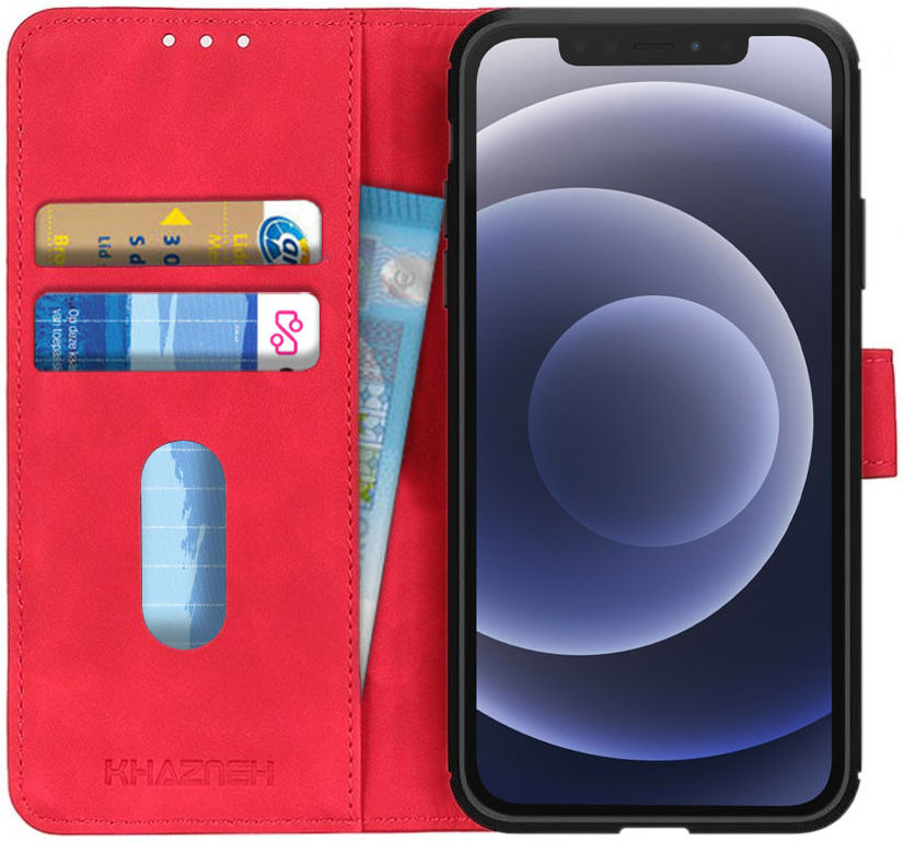 KHAZNEH Apple iPhone 12 / 12 Pro Hoesje Retro Wallet Book Case Rood afbeelding 1