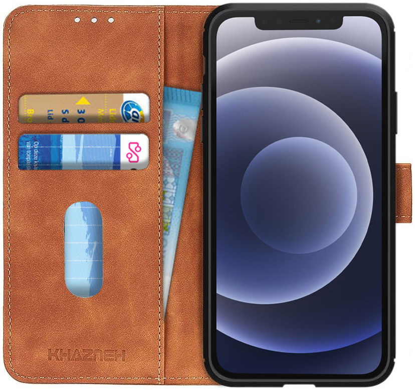 KHAZNEH Apple iPhone 12 / 12 Pro Hoesje Retro Wallet Book Case Bruin afbeelding 1