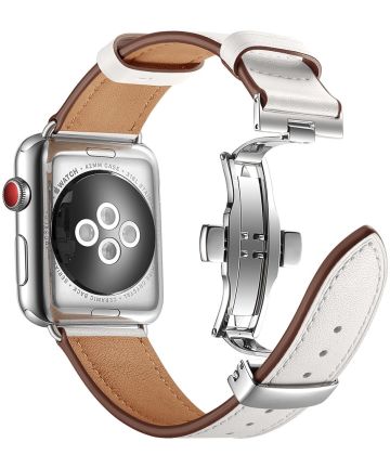 Apple Watch 41MM / 40MM / 38MM Bandje Echt Leer met RVS Vlindersluiting Wit Bandjes