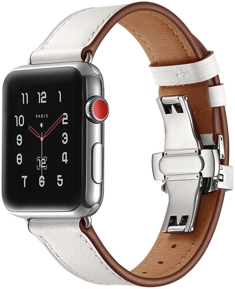 Apple Watch 41MM / 40MM / 38MM Bandje Echt Leer met RVS Vlindersluiting Wit afbeelding 2