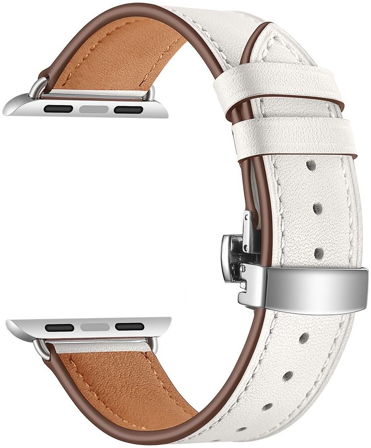 Apple Watch 41MM / 40MM / 38MM Bandje Echt Leer met RVS Vlindersluiting Wit afbeelding 4