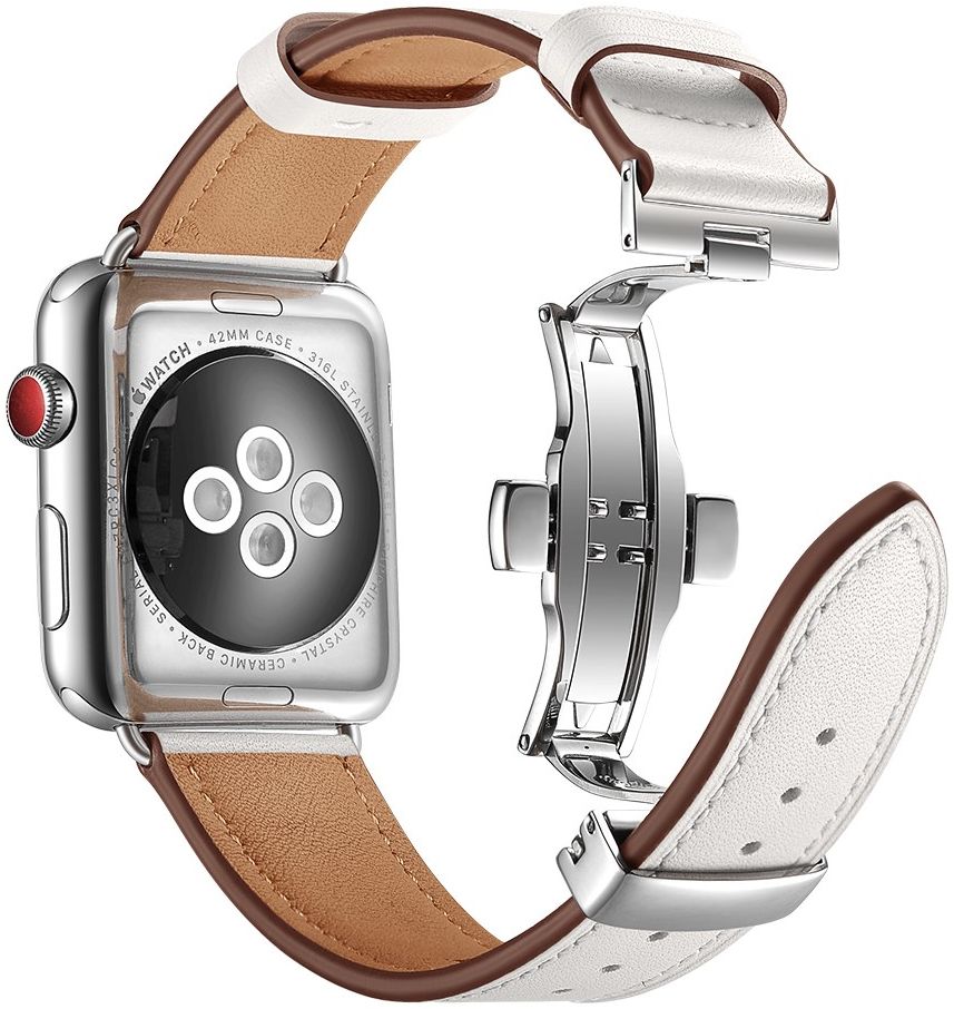 Apple Watch 41MM / 40MM / 38MM Bandje Echt Leer met RVS Vlindersluiting Wit afbeelding 1